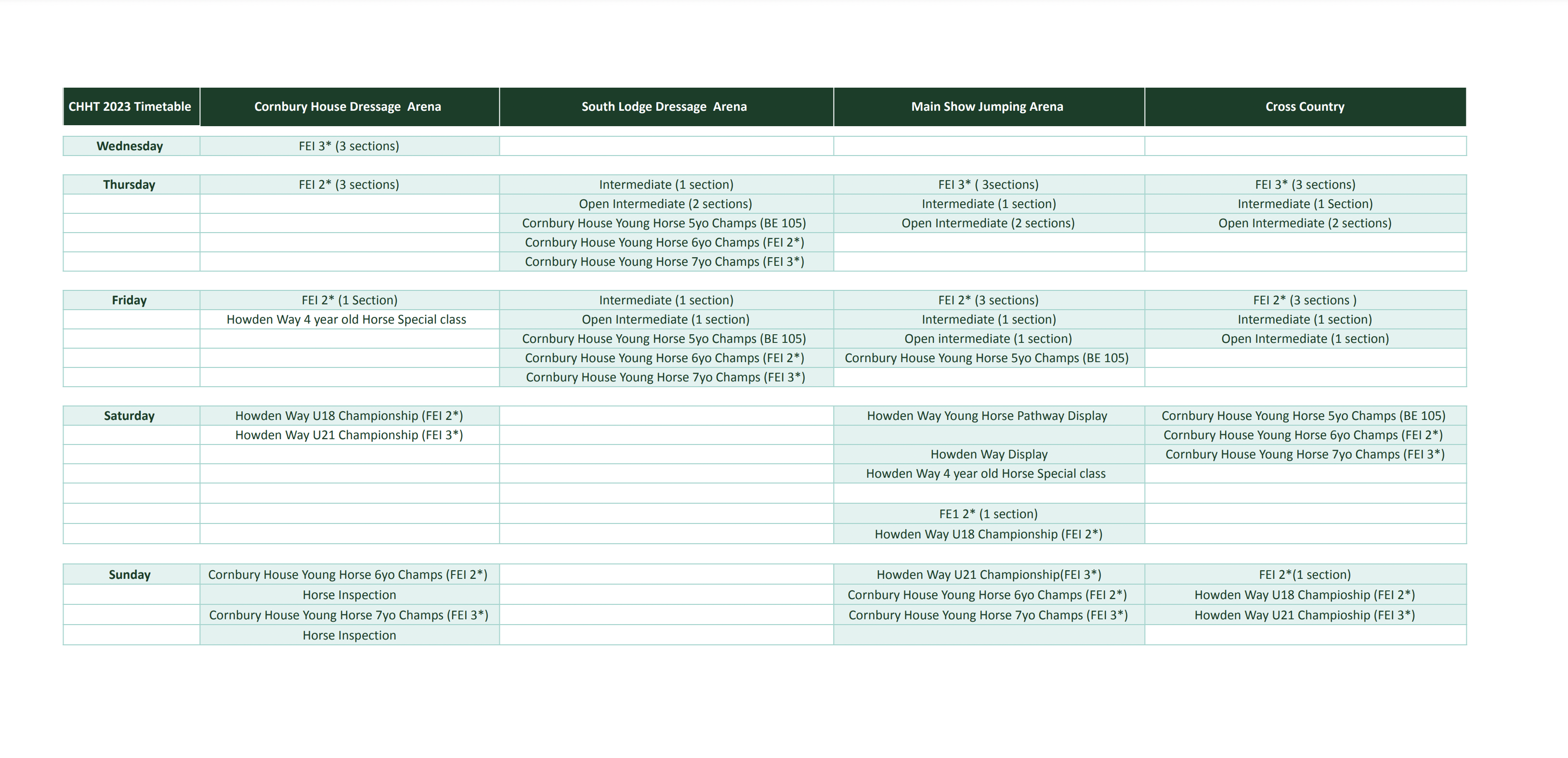 Timetable Cornbury House Horse Trials