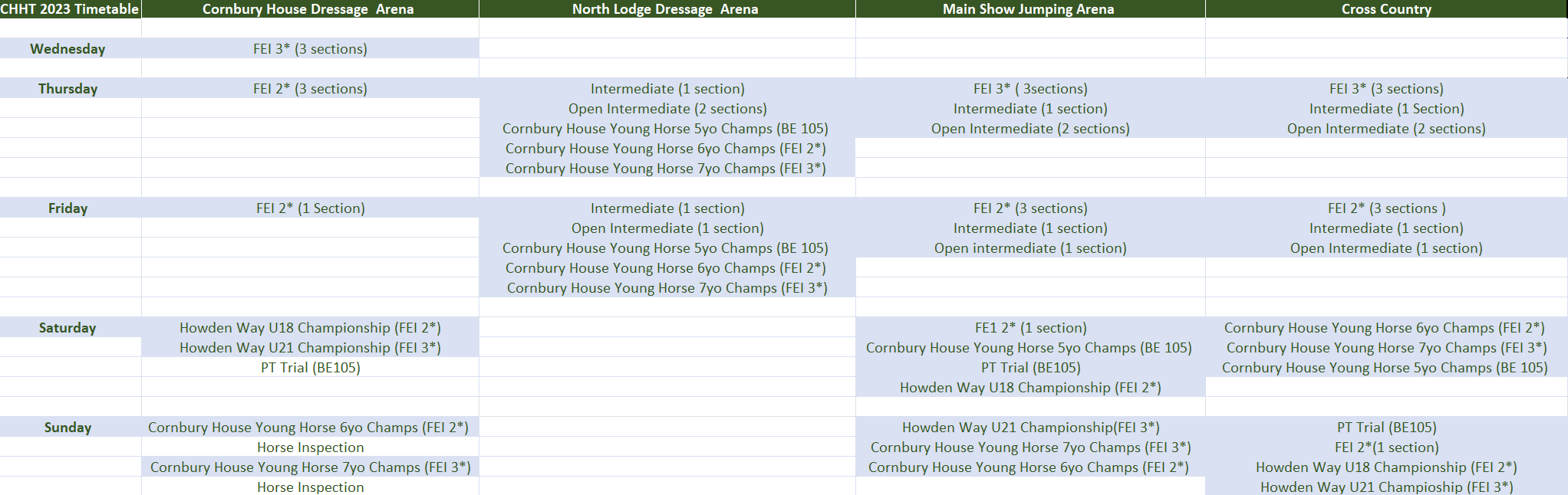 Timetable Cornbury House Horse Trials